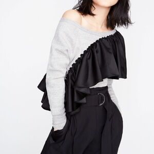 J. Crew Women’s Off-the-Shoulder Sweatshirt Asymmetrical Black Ruffle Size 8